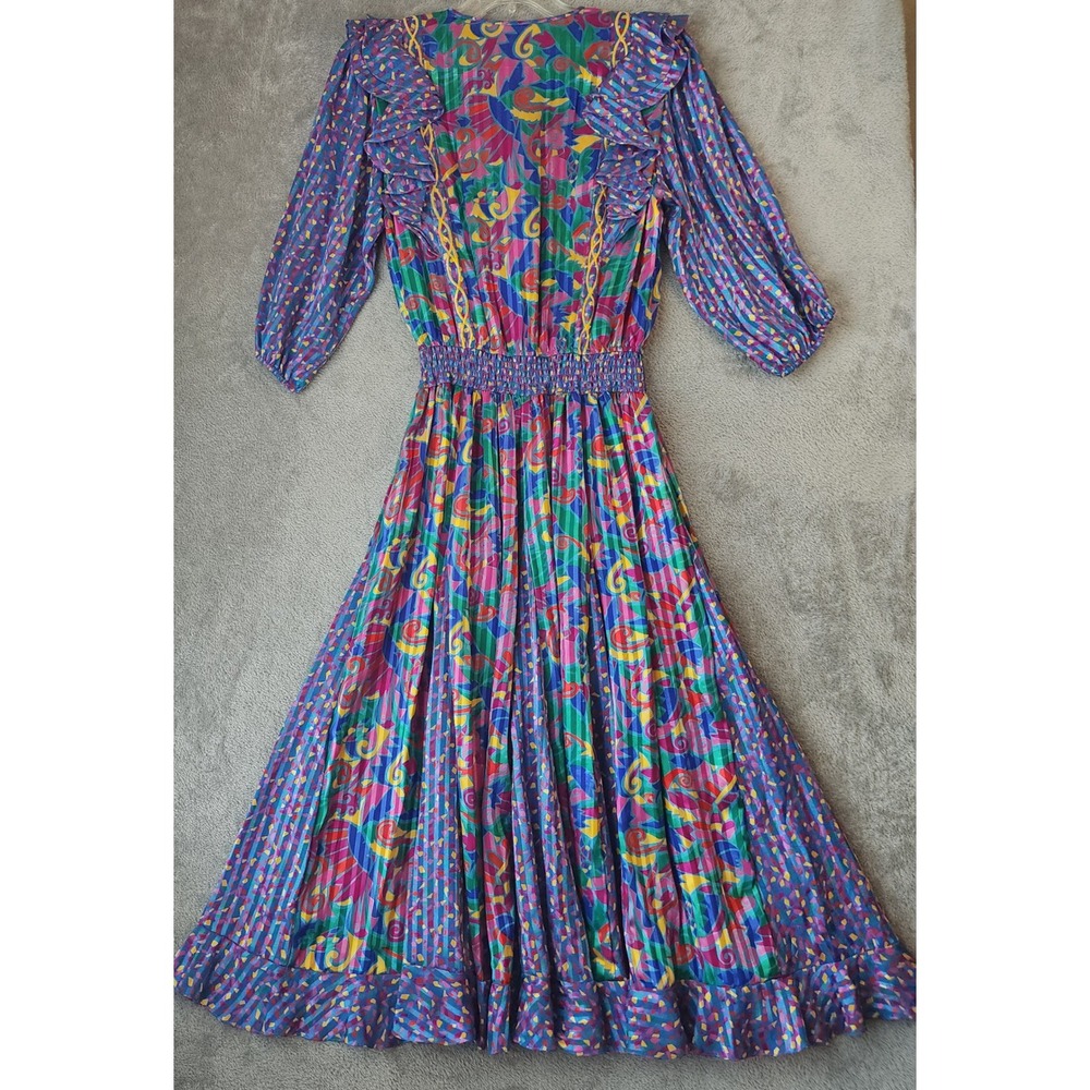 Jaymee Papell Dress Womens Medium Blue Abstract Ruffle Smocked Waist Vintage - Picture 2 of 7